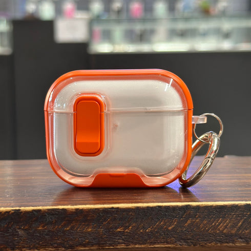 COVER PREMIUM CLEAR NARANJA CON BROCHE AIRPODS 4ta GEN / AIRPODS PRO 3