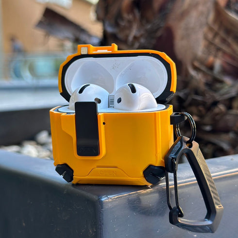 COVER PREMIUM HARD CASE ANARANJADO CON BROCHE AIRPODS 4ta GEN / AIRPODS PRO 3