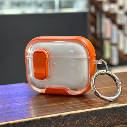 COVER PREMIUM CLEAR NARANJA CON BROCHE AIRPODS 4ta GEN / AIRPODS PRO 3